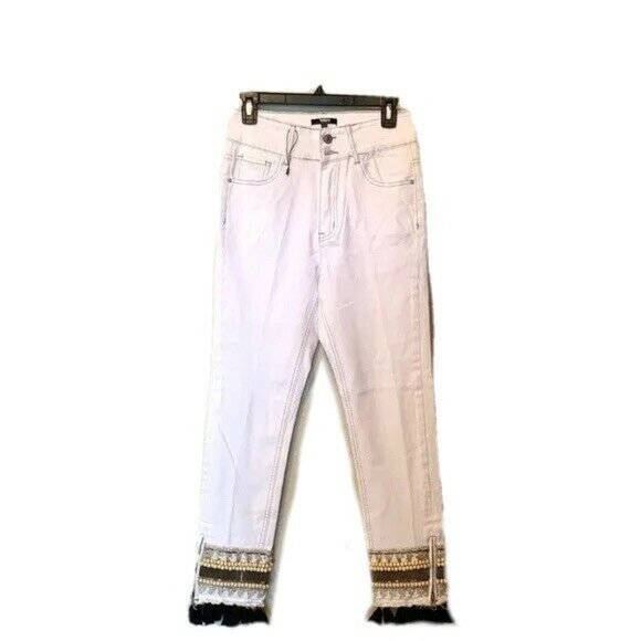 Tesoro Moda Size 2 White Denim Fringe embroidered Cuff Jeans - Picture 1 of 7